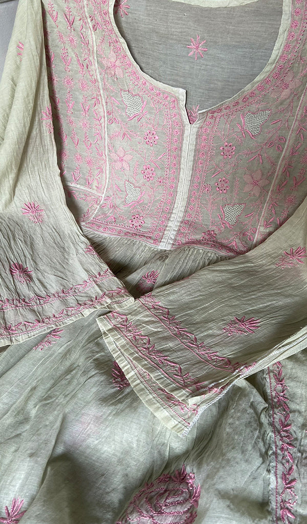 Women's Lakhnavi Handcrafted Mul Chanderi Unstitched Chikankari Full Suit - HONC0284754