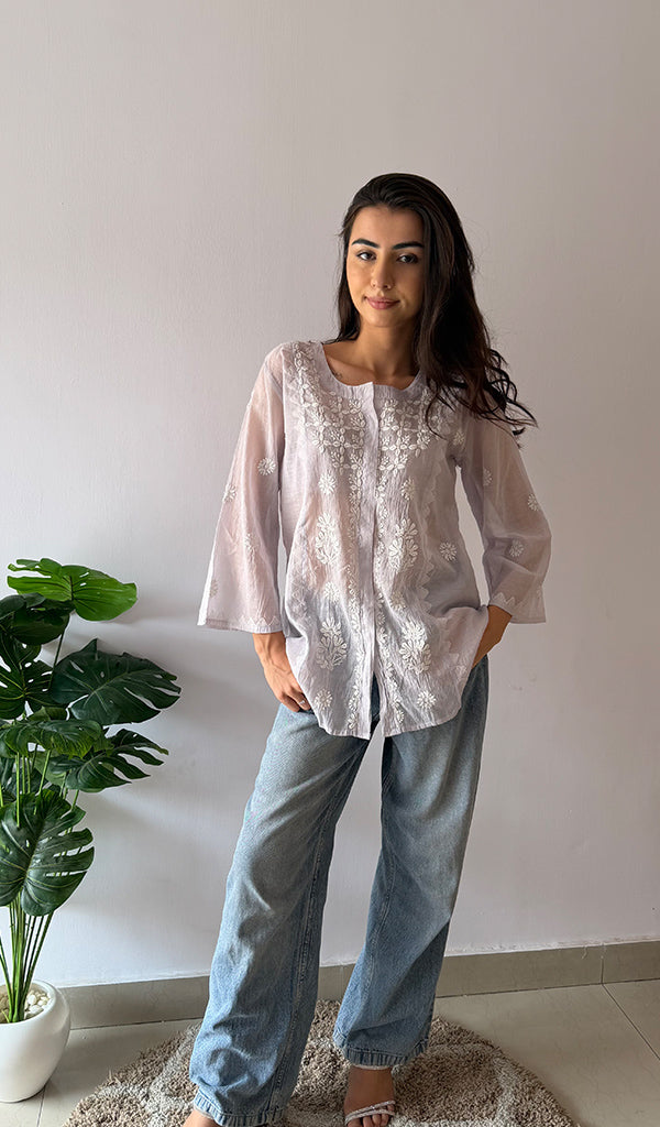 Vaanya Women's Lakhnavi Handcrafted Mul Chanderi Chikankari Top - HONC0373146
