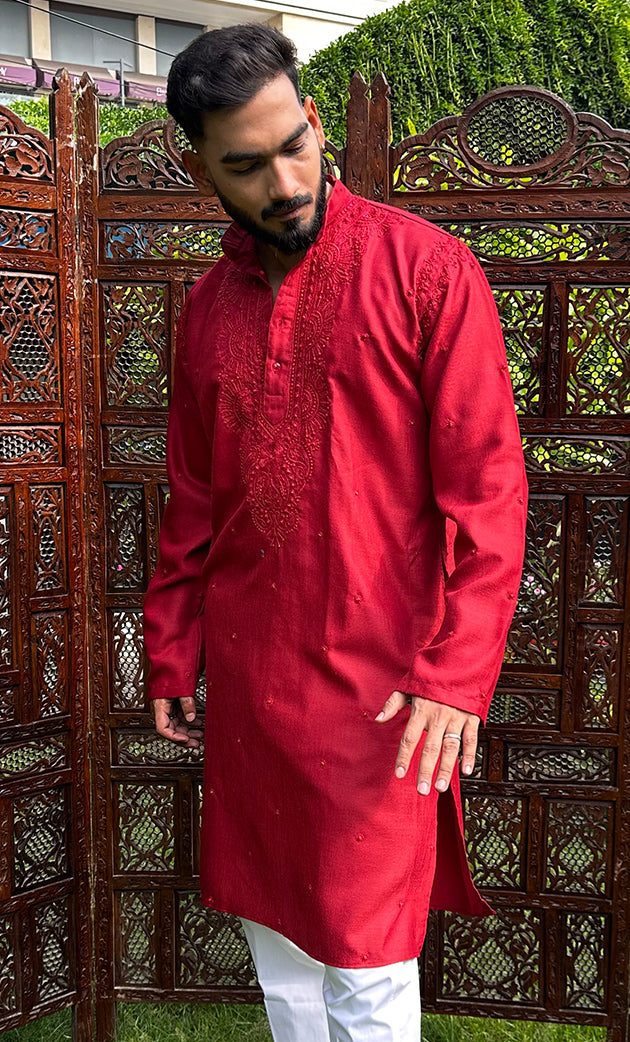 Men's Lucknowi Handcrafted Cotton Chikankari Kurta - HONC0324707