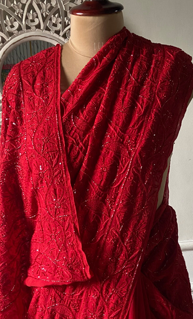 Women's Lakhnavi Handcrafted Pure Silk Georgette Chikankari Saree - HONC0286873