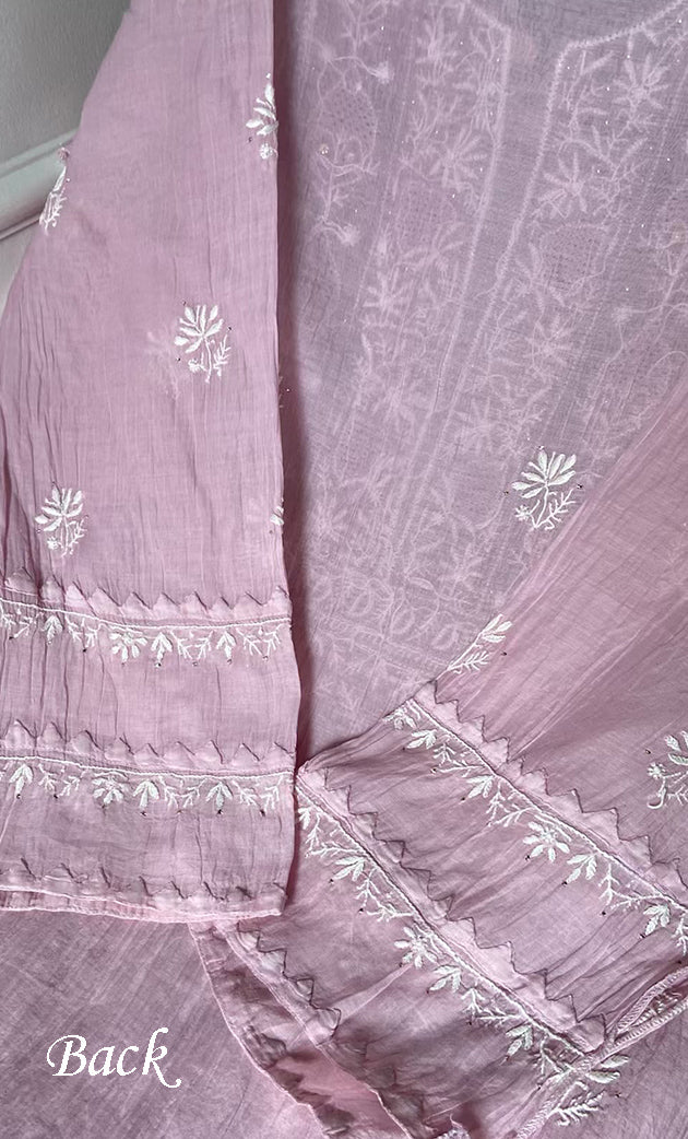 Women's Lakhnavi Handcrafted Mul Chanderi Semi - stitched Kurta And Dupatta Set- HONC0305140