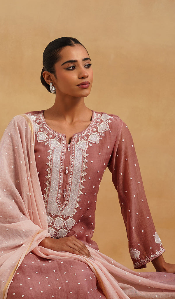 Jazba Women's Lakhnavi Handcrafted Mul Chanderi Chikankari Stitched Kurta, Dupatta And Pant Set - HONC0565945
