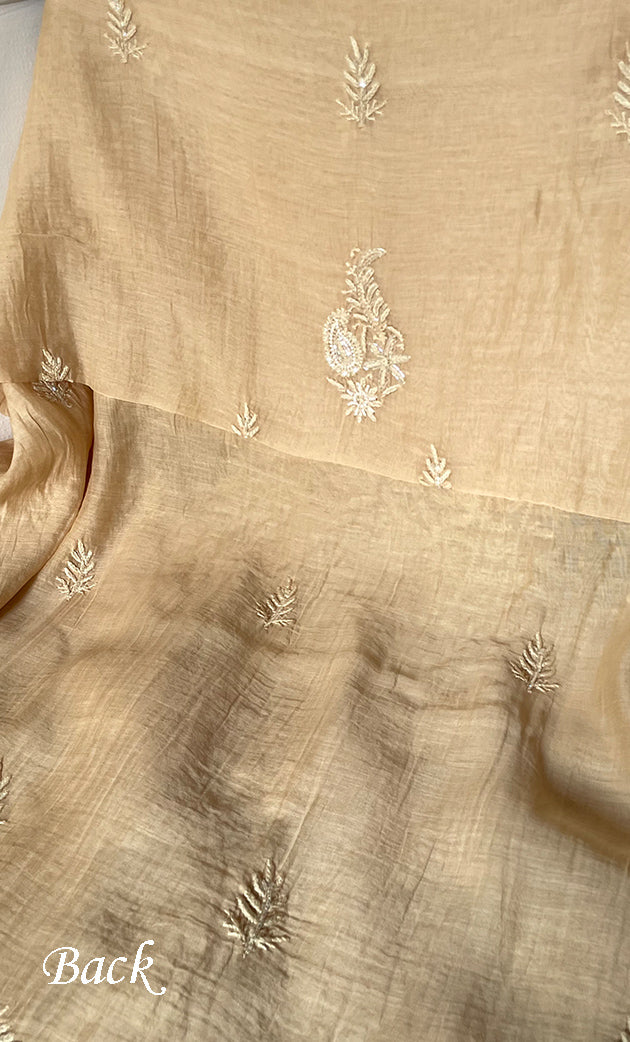 Women's Lakhnavi Handcrafted Mul Chanderi Unstitched Chikankari Full Suit Material - HONC0323585