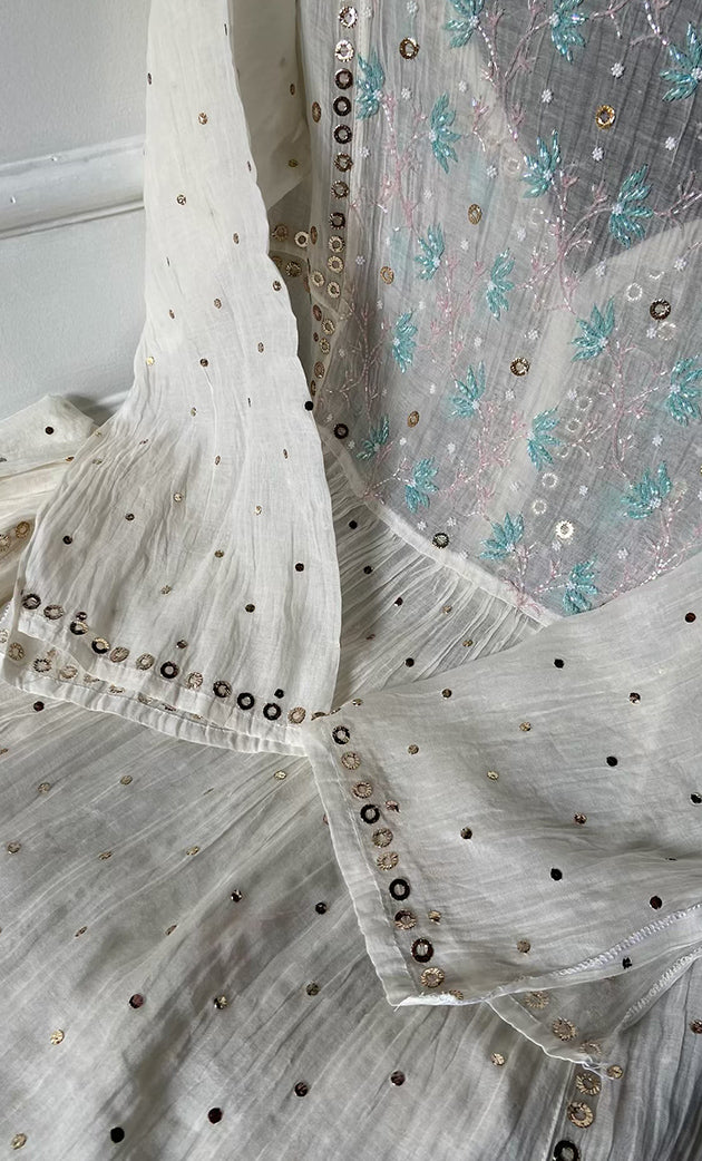 Women's Lakhnavi Handcrafted Mul Chanderi Semi - Stitched Kurta And Dupatta Set- HONC0316296