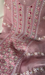 Load image into Gallery viewer, Women's Lakhnavi Handcrafted Pure Organza Chikankari Unstitched Kurta And Dupatta Set- HONC0339421