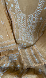 将图像加载到图库查看器中， Women's Lucknowi Handcrafted Mul Chanderi Semi - stitched Chikankari Kurta Dupatta Set - HONC0284755