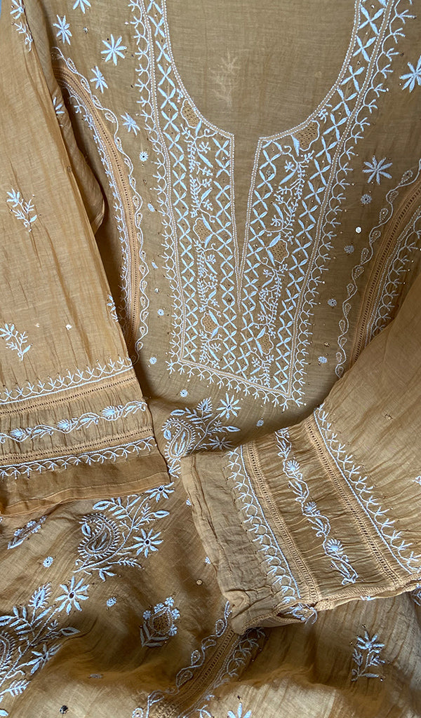 Women's Lucknowi Handcrafted Mul Chanderi Semi - stitched Chikankari Kurta Dupatta Set - HONC0284755