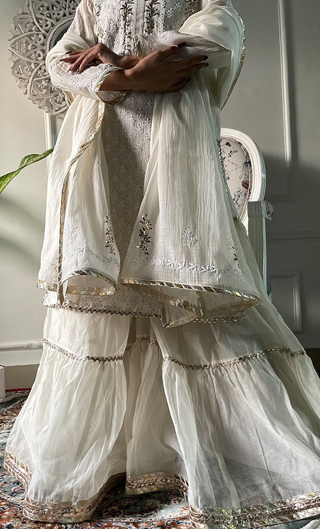 Women's Lakhnavi Handcrafted Mul Chanderi Chikankari Stitched Kurta, Dupatta And Gharara Set - HONC0324079