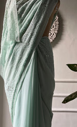 将图像加载到图库查看器中， Women's Lakhnavi Handcrafted Viscose Georgette Chikankari Saree - HONC0317904