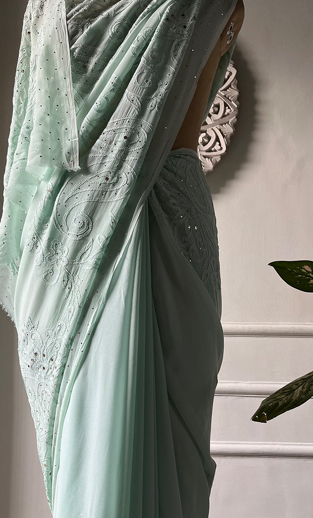 Women's Lakhnavi Handcrafted Viscose Georgette Chikankari Saree - HONC0317904