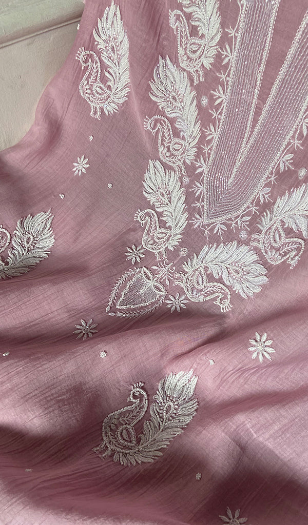 Women's Lakhnavi Handcrafted Mul Chanderi Unstitched Kurta And Dupatta Set- HONC0362576