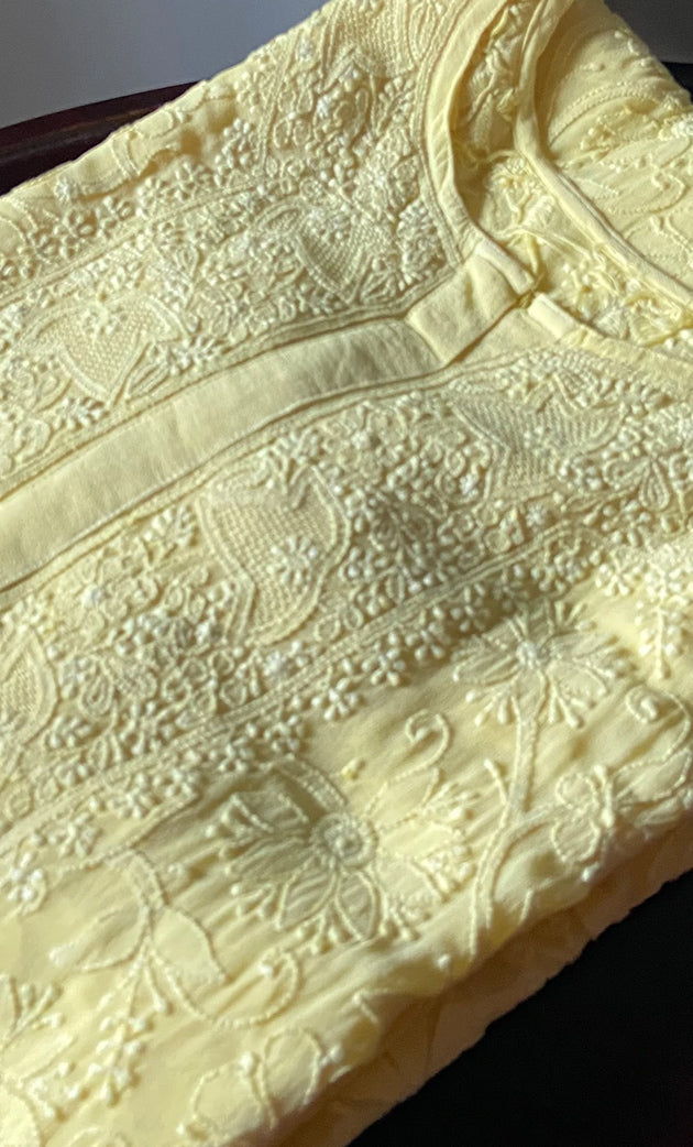 Women's Lakhnavi Handcrafted Pure Silk Georgette Semi -Stitched Chikankari Kurti Fabric - HONC0274183