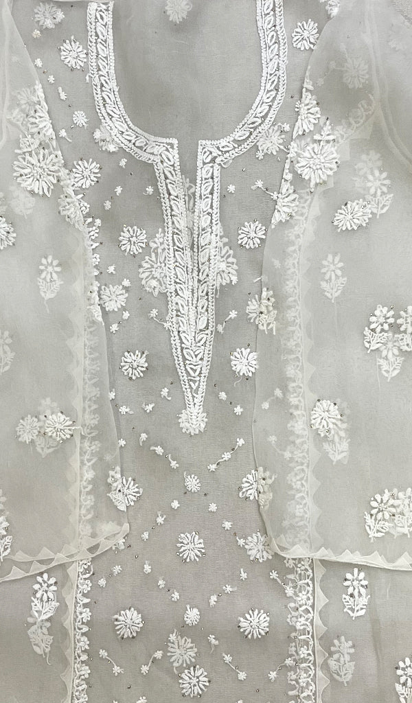 Lucknowi Handcrafted Pure Organza Silk Chikankari Semi-Stitched Kurti Fabric - HONC0215646