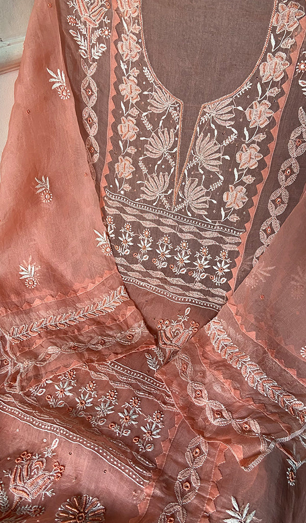 Women's Lakhnavi Handcrafted Pure Organza Chikankari Semi - Stitched Kurta And Dupatta Set- HONC0310093