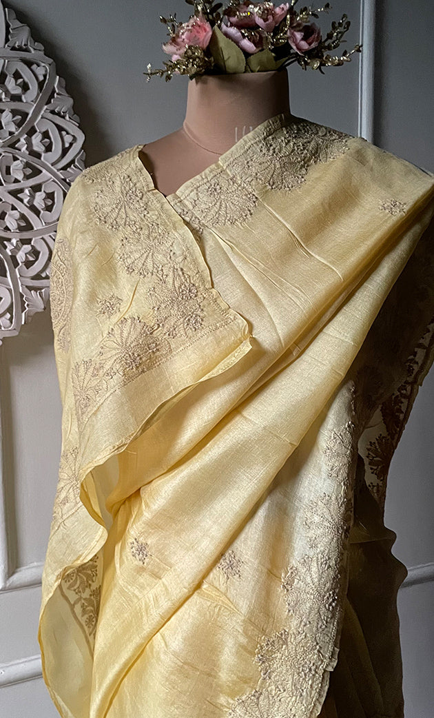 Women's Lakhnavi Handcrafted Tussar Silk Chikankari Saree - HONC0284145