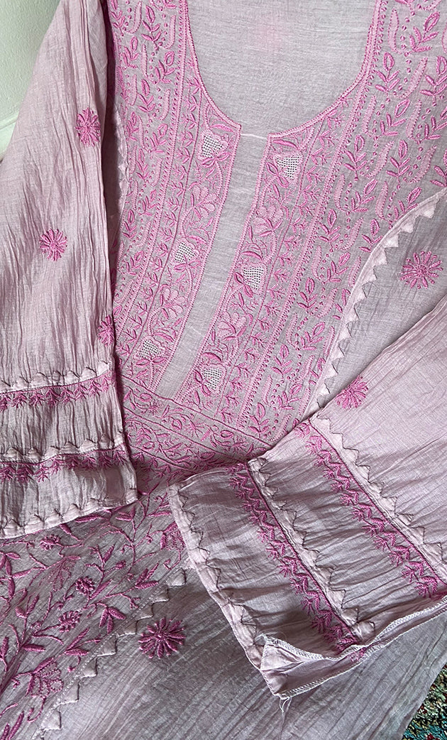 Women's Lakhnavi Handcrafted Mul Chanderi Semi - stitched Chikankari Full Suit Material - HONC0317047