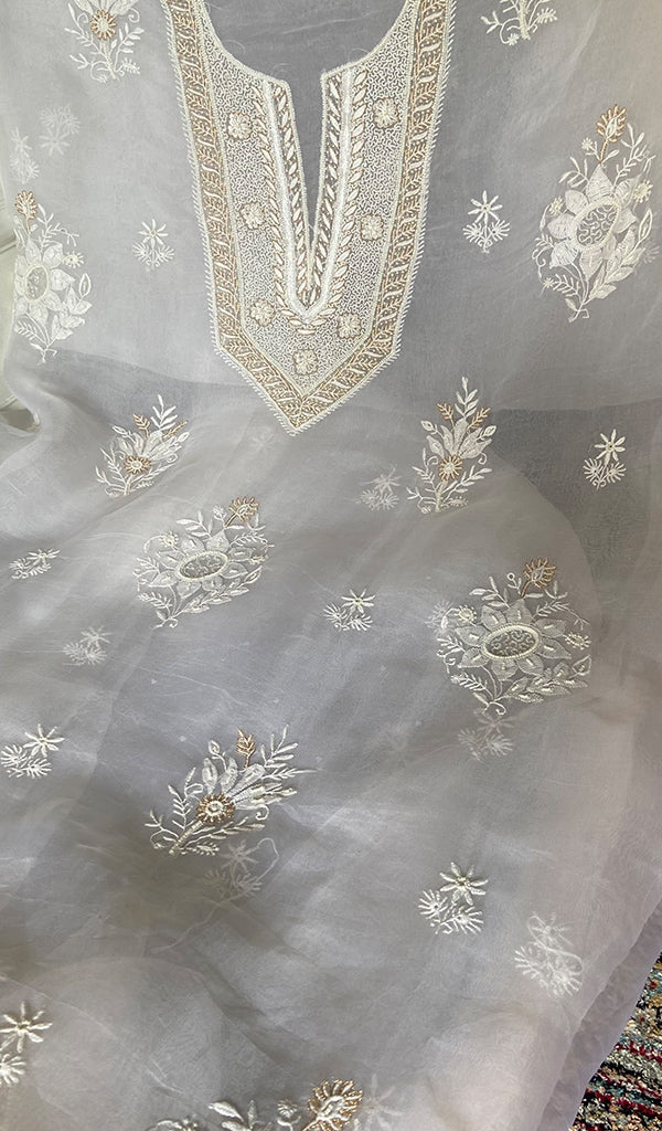Women's Lakhnavi Handcrafted Pure Organza Chikankari Unstitched Kurta And Dupatta Set- HONC0348021