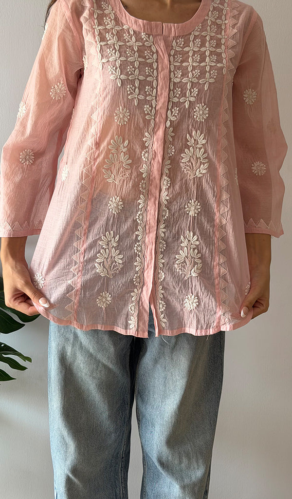 Vaanya Women's Lakhnavi Handcrafted Mul Chanderi Chikankari Top - HONC03345789