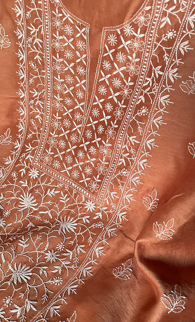 Women's Lucknowi Handcrafted Chanderi Silk Unstitched Chikankari Full Suit Material - HONC0253703