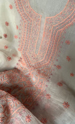 将图像加载到图库查看器中， Women's Lakhnavi Handcrafted Pure Organza Chikankari Unstitched Kurta And Dupatta Set- HONC0331057