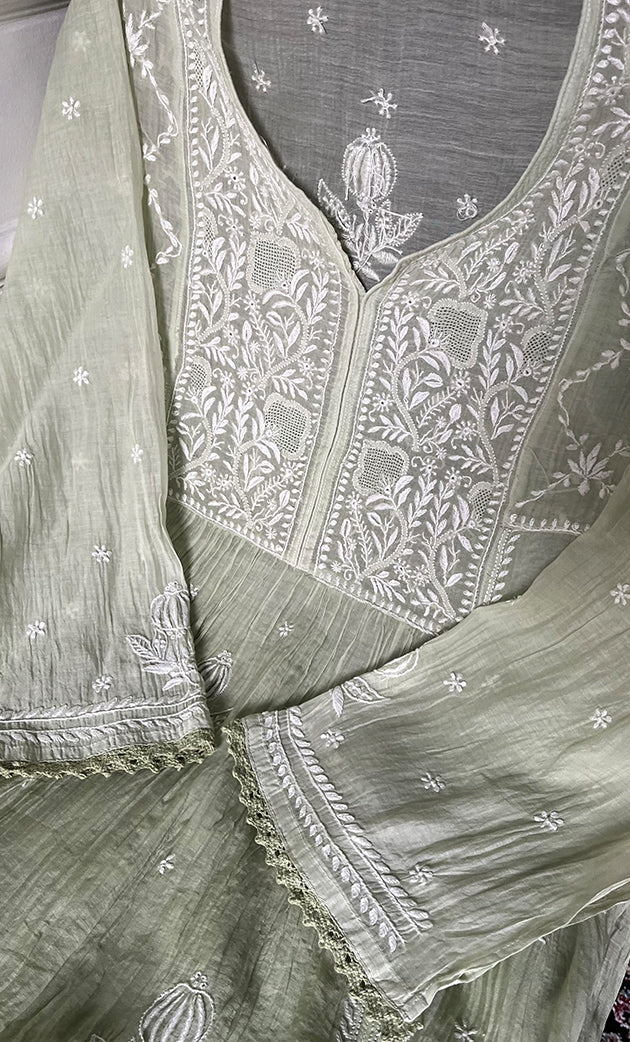Izana Women's Lakhnavi Handcrafted Mul Chanderi Semi - stitched Chikankari Full Suit Material - HONC0333507