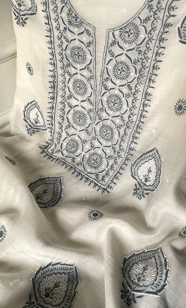 Women's Lakhnavi Handcrafted Unstitched Mul Chanderi Kurta And Dupatta Set - HONC03274830