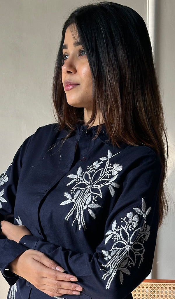 Women's Lucknowi Handcrafted Slub Cotton Chikankari Top - HONC0297640