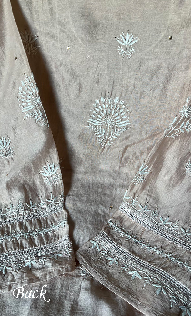 Women's Lakhnavi Handcrafted Chanderi Silk Semi - Stitched Kurta And Dupatta Set - HONC0284756