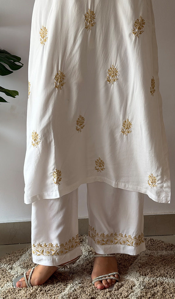 Women's Lakhnavi Handcrafted Modal Cotton Chikankari Kurti And Palazzo Set - HONC0378678