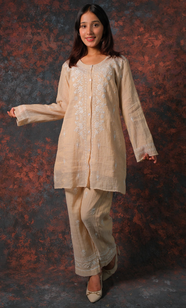 Women's Lakhnavi Handcrafted Tissue chanderi Chikankari Kurta And palazzo Set - HONC0322040