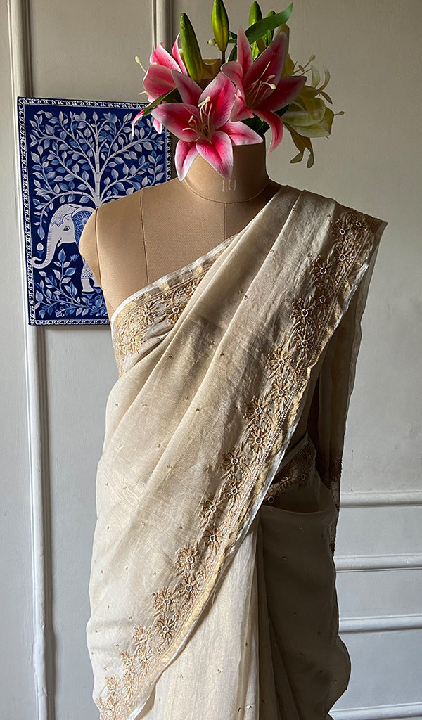 Women's Lakhnavi Handcrafted Tissue Chanderi Chikankari Saree - HONC0339786