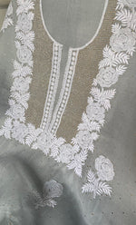 Load image into Gallery viewer, Rose Women's Lakhnavi Handcrafted Pure Organza Chikankari Unstitched Kurta And Dupatta Set- HONC0337709