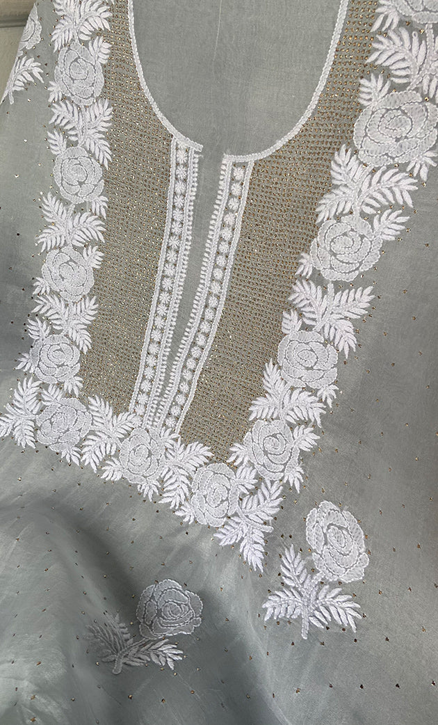 Rose Women's Lakhnavi Handcrafted Pure Organza Chikankari Unstitched Kurta And Dupatta Set- HONC0337709