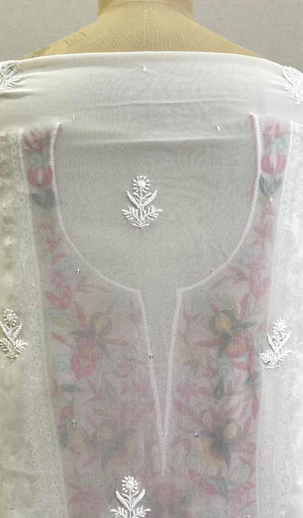 Women's Lakhnavi Handcrafted Pure Silk Georgette Chikankari Kurta And Dupatta Set- HONC0209421