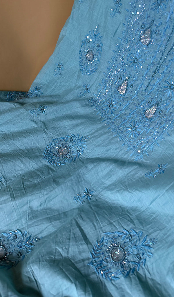 Women's Lakhnavi Handcrafted Mul Chanderi Unstitched Chikankari Full Suit Material - HONC0367213