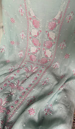 Turquoise Mul Chanderi Chikankari 2 Pc Unstitched Suit Set