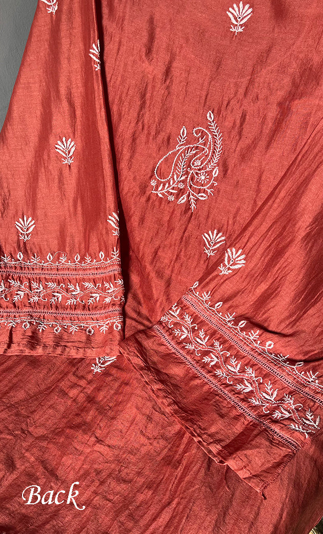 Women's Lakhnavi Handcrafted Chanderi Silk Semi - Stitched Kurta And Dupatta Set - HONC0308700