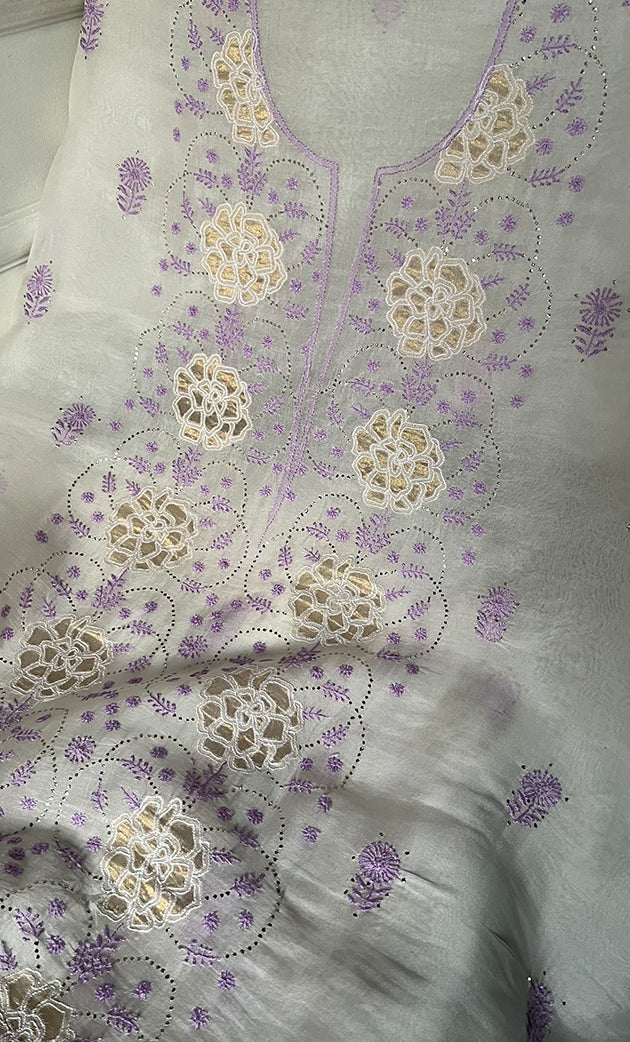 Women's Lakhnavi Handcrafted Pure Organza Chikankari Unstitched Kurta And Dupatta Set- HONC0336955