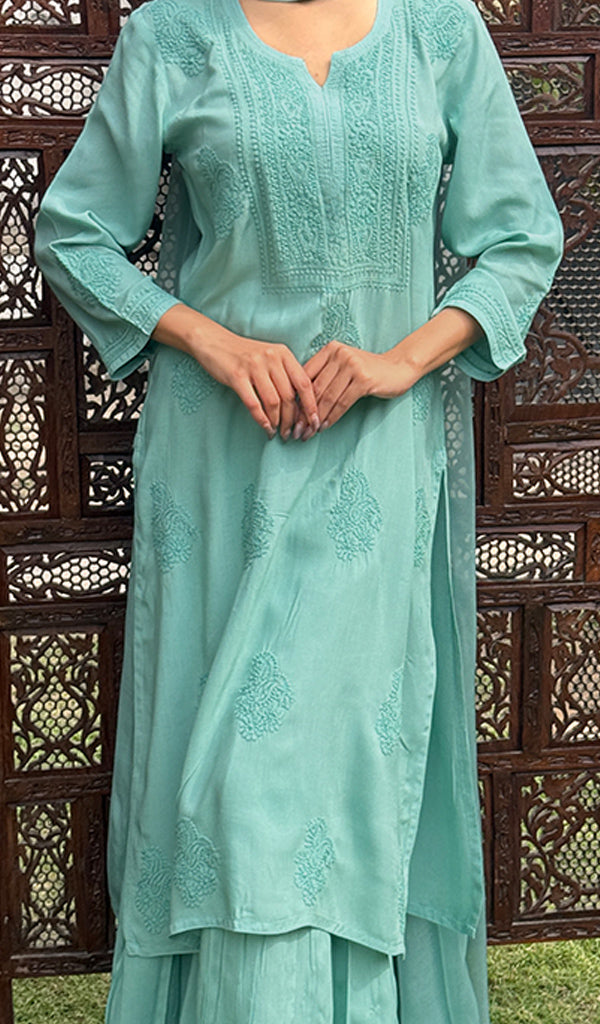 Women's Lakhnavi Handcrafted Modal Cotton Chikankari Kurta Dupatta And Palazzo Set - HONC0247742
