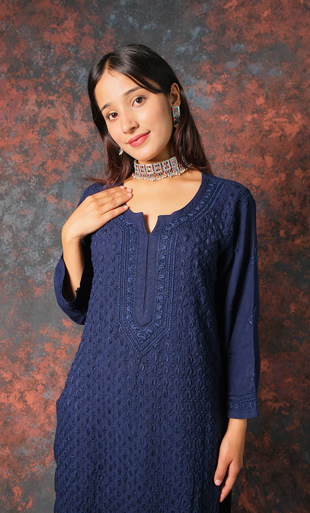 Women's Lucknowi Handcrafted Modal Cotton Chikankari Kurti - HONC0327123