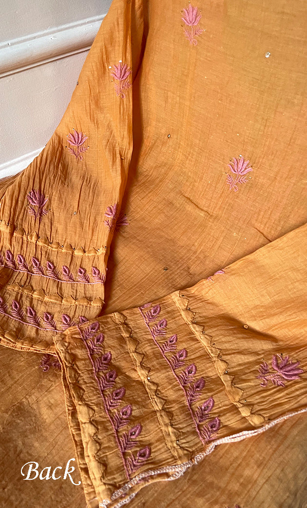 Women's Lakhnavi Handcrafted Mul Chanderi Semi - stitched Kurta And Dupatta Set- HONC0282409