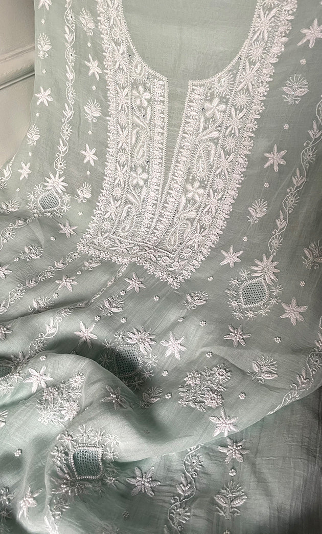 Women's Lakhnavi Handcrafted Unstitched Mul Chanderi Kurta And Dupatta Set - HONC0329040