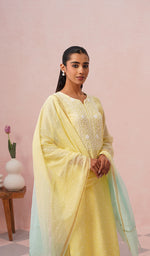 Load image into Gallery viewer, Jazba Women's Lakhnavi Handcrafted Mul Chanderi Chikankari Stitched Kurta, Dupatta And Pant Set - HONC0469874