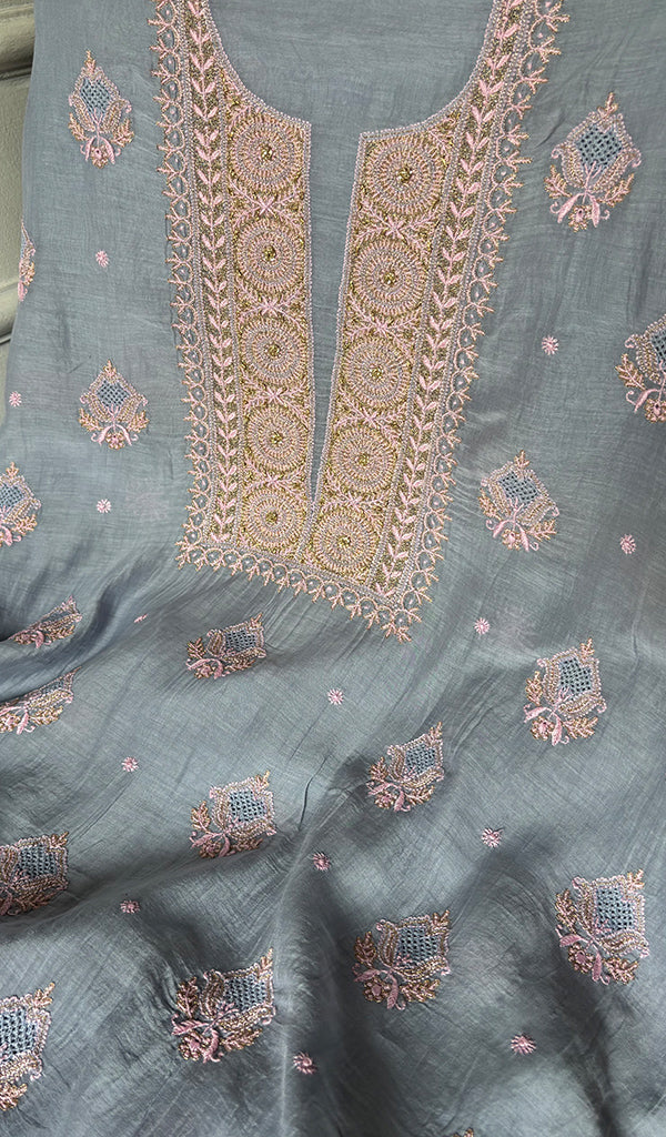 Women's Lakhnavi Handcrafted Mul Chanderi Unstitched Chikankari Full Suit - HONC0349091