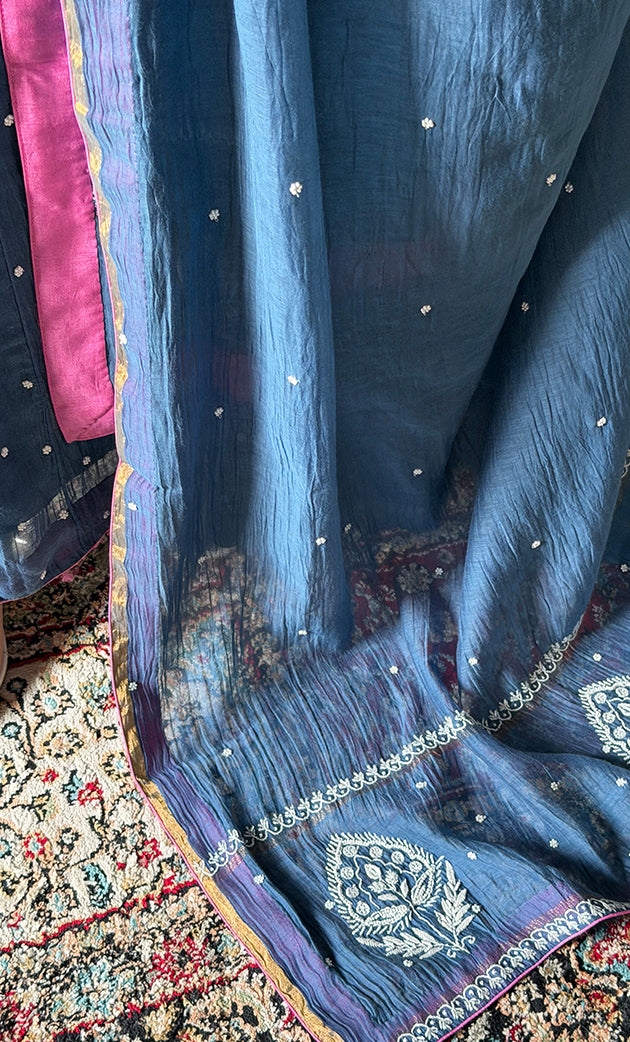 Women's Lakhnavi Handcrafted Mul Chanderi Chikankari Stitched Anarkali, Dupatta And Pant Set - HONC0328257