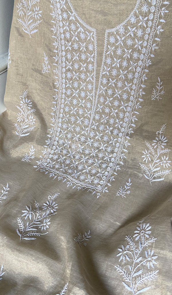 Women's Lakhnavi Handcrafted Tissue Chanderi Unstitched Chikankari Kurta And Dupatta Set - HONC0360003