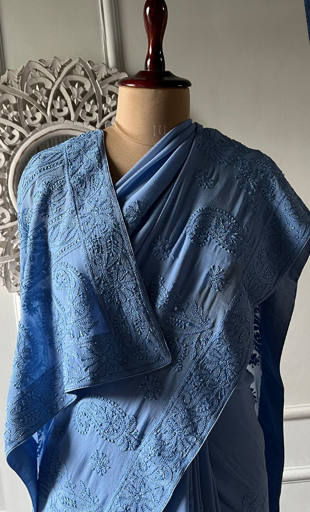 Women's Lakhnavi Handcrafted Pure Silk Georgette Chikankari Saree - HONC0318707