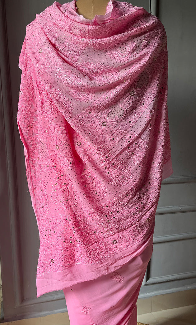 Women's Lakhnavi Handcrafted Viscose Georgette Chikankari Saree - HONC0271072