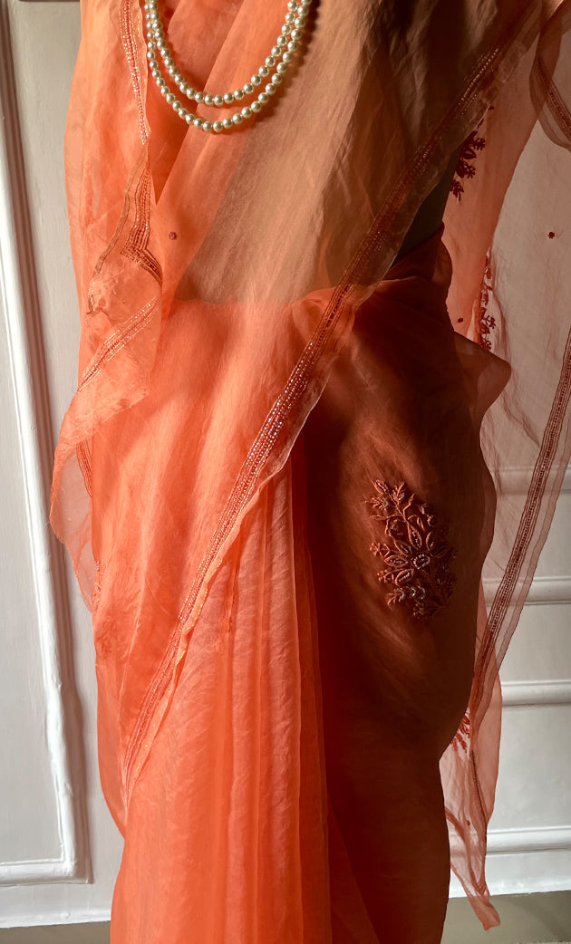 Women's Lucknowi Handcrafted Pure Organza Silk Chikankari Saree - HONC0283198