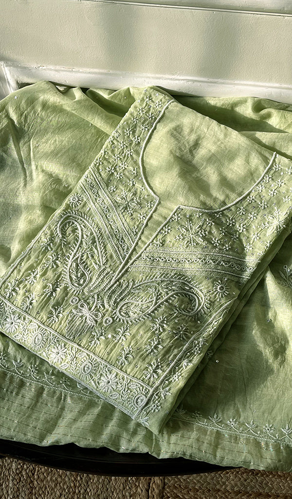 Women's Lakhnavi Handcrafted Mul Chanderi Semi - Stitched Kurta And Dupatta Set - HONC0296166
